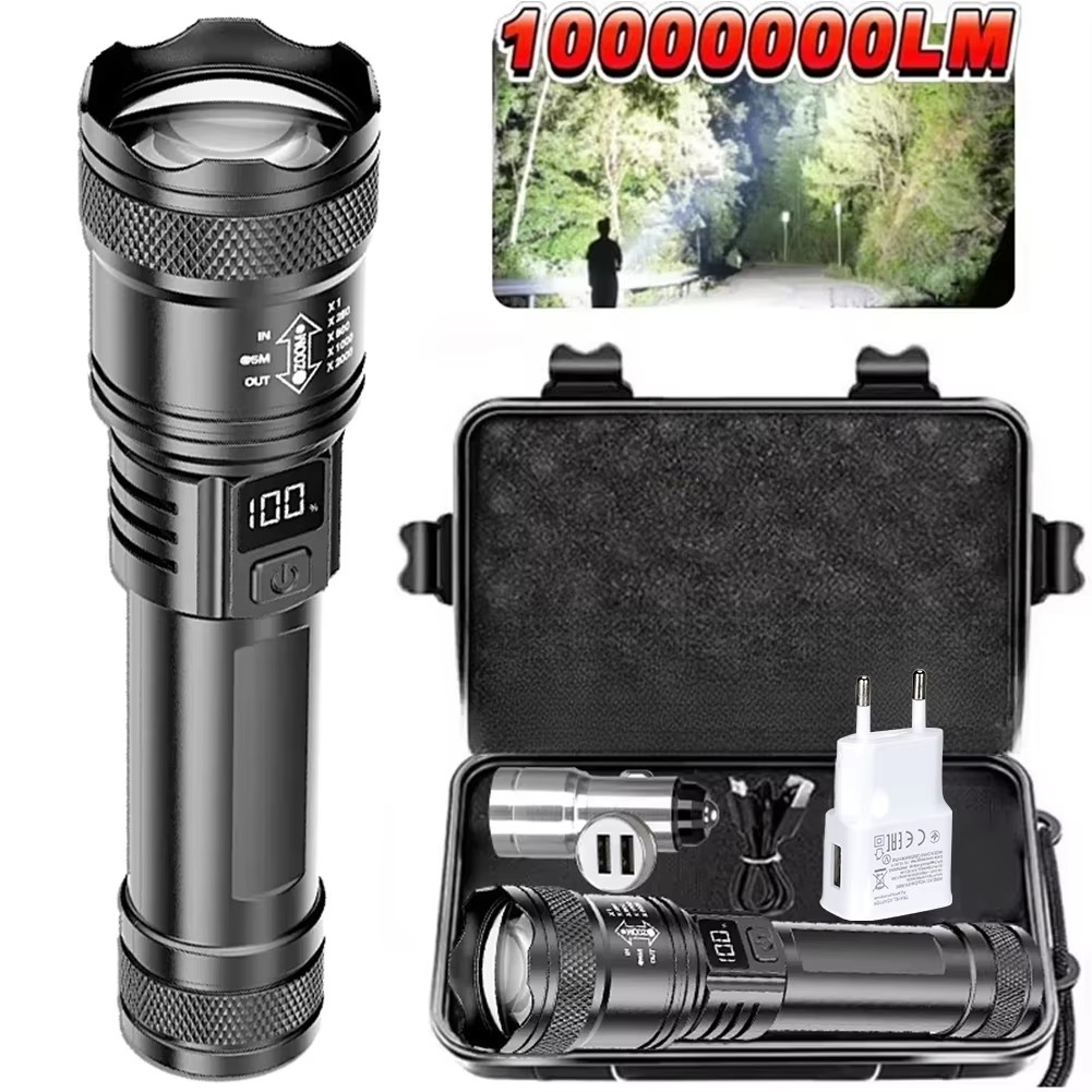 Outdoor Lighting Permanent - Wiederaufladbare LED-Taschenlampe, zoombare Taschenlampe mit LCD-Display,